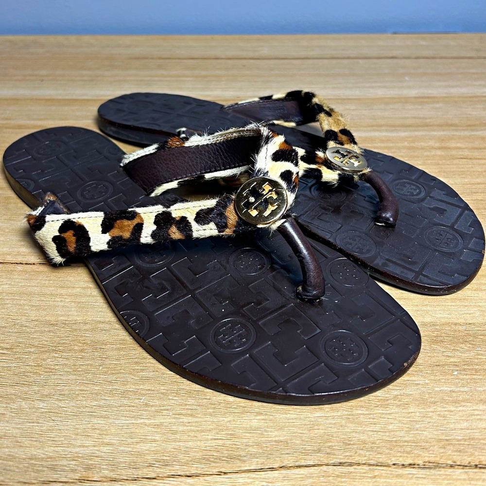 Tory Burch Pony Hair Black Brown Leopard Thong Logo Medallion Slip On Sandals